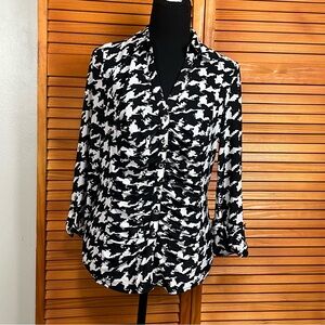 INC International Concepts Black & White Button-Down Ruched Front Blouse
